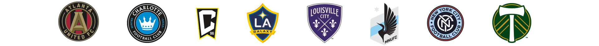 Atlanta United football club, Charlotte football club, Columbus Crew, LA Galaxy, Louisville City football club, innesota United football club, New York City football club, Portland Timbers logo